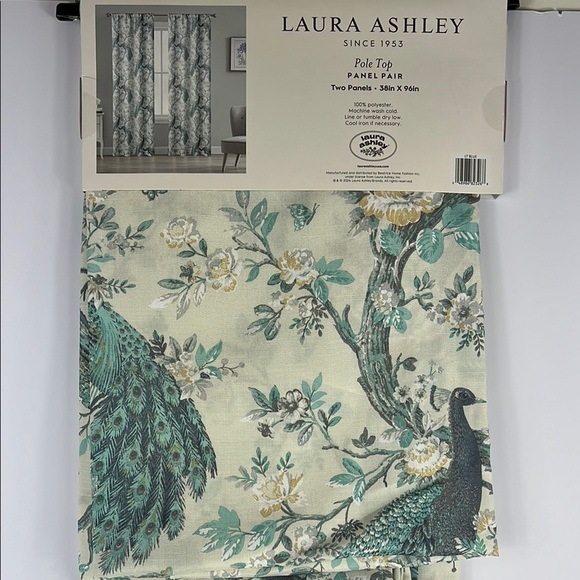 Laura Ashley Peacock Curtains 2 Panels Pole Top Floral Teal Cream 38 x 96 NEW - Picture 4 of 11